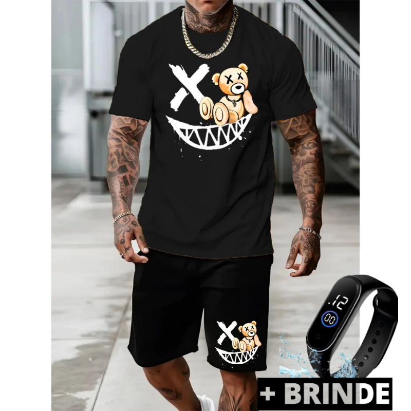 Conjunto kit  masculino camiseta e short urso olhos X e sorriso com dentes estilo streetwear + brinde relógio digital