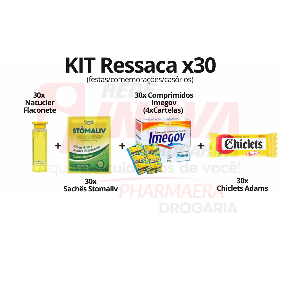 Kit Ressaca 30 Flaconetes + 30 Envelopes Efervescentes + 30 Comprimidos Imegov (5 cartelas) + 30 Chiclets Adams em Oferta na Shopee