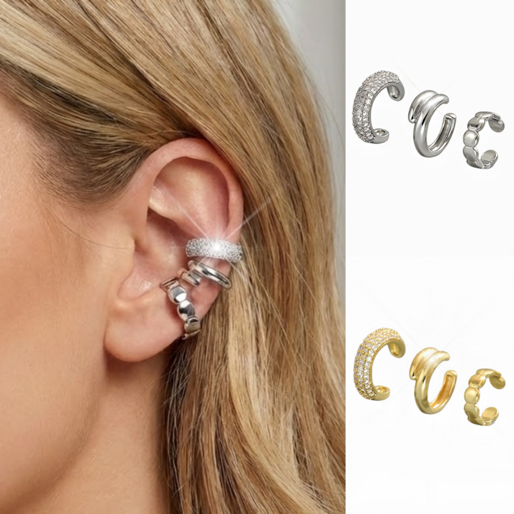 Kit 3 Piercing Fake De Pressão Orelha Sem Furo Banhado a Ouro 18k ou Prata 925