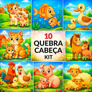 Kit 10 Quebra Cabeça 9 Peças Animais Fazenda Jogo pedagógico Educativo Filhotes