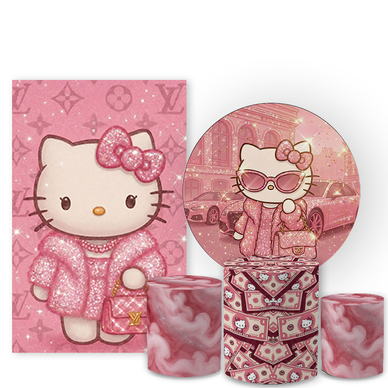 Kit Capa Painel Redondo  + Trio Cilindro Helo Kty Rosa Festa Infantil Menina Lançamento Bibi Painéis
