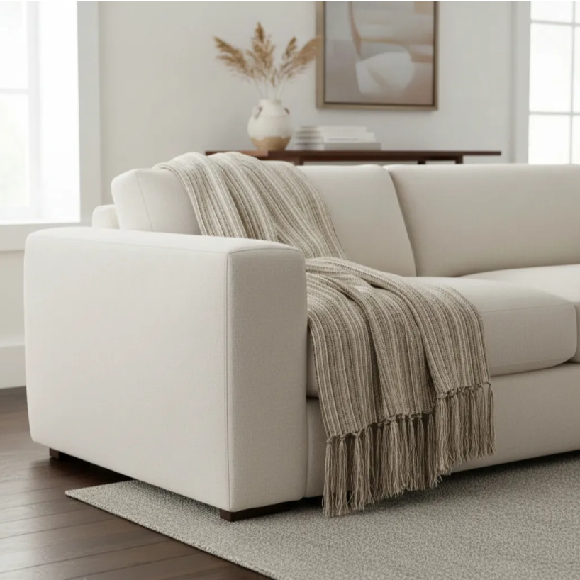 Manta Cru Pontilhada Para Sofá Cama E Poltrona  Xale Decorativa 1,80 x 1,20 m 100% Algodão Tear Luxo