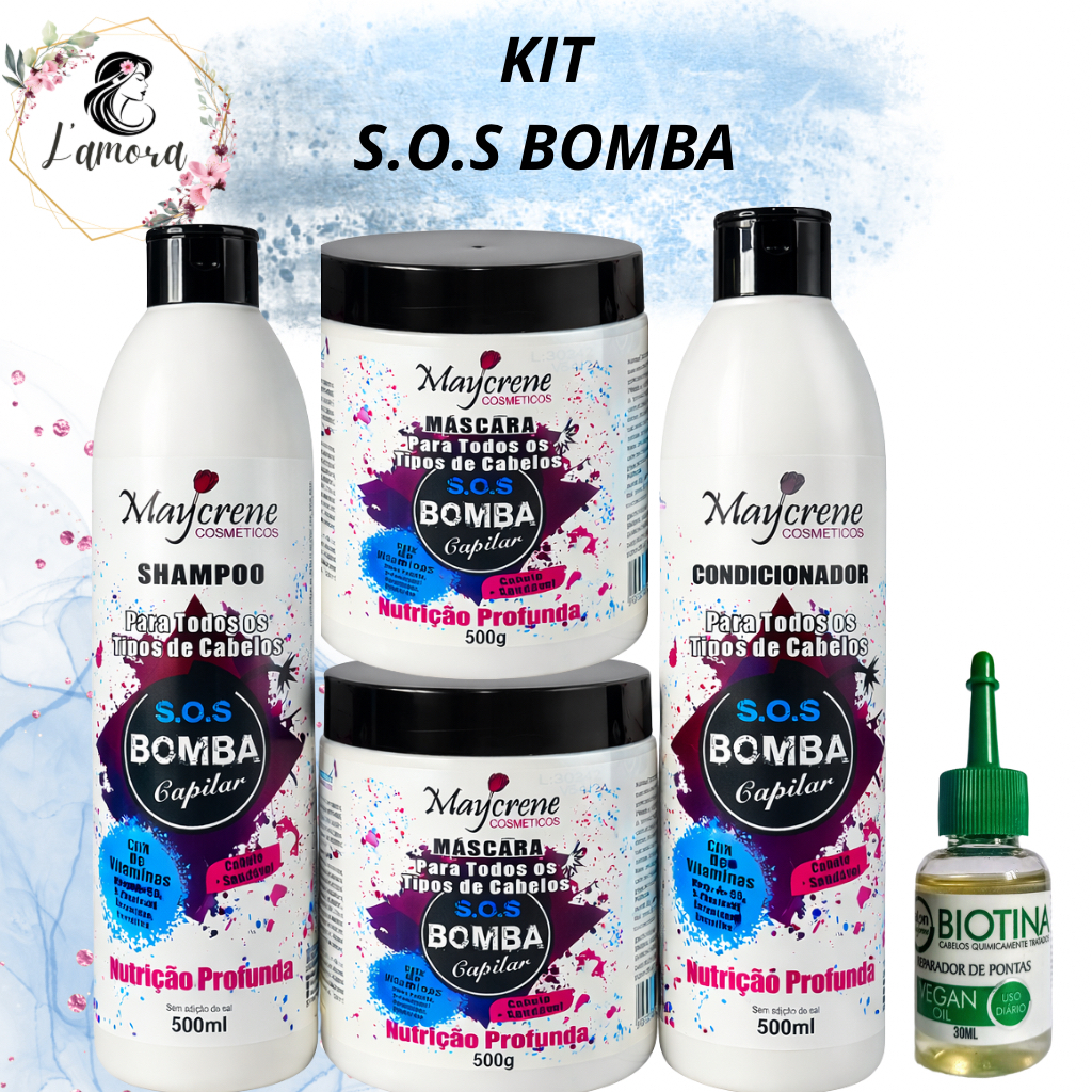 Kit de Tratamento S.O.S Bomba Capilar Maycrene - Shampoo + Condicionador + 2 Máscara+ oleo bitotina 30ml