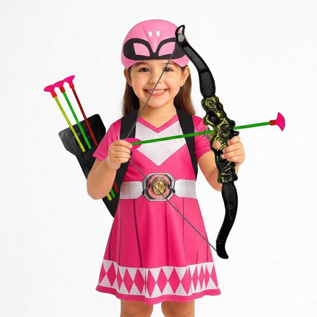 Fantasia Infantil Roupa Power Rangers Vestido Rosa Com Arco E Flecha