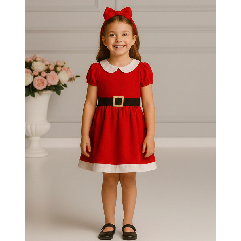 Vestido De Menina Infantil Mamãe Noel Luxo Com Laço Ajustável Blogueira Presente New Faixa De Cabelo