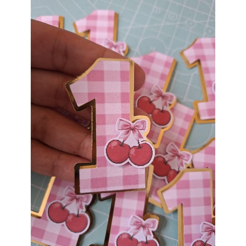 Aplique Número 1 com Cerejinhas –  Kit 20,30 ou 50 Un | Papel Lamicote 180g- Fazemos outros  números  e temas