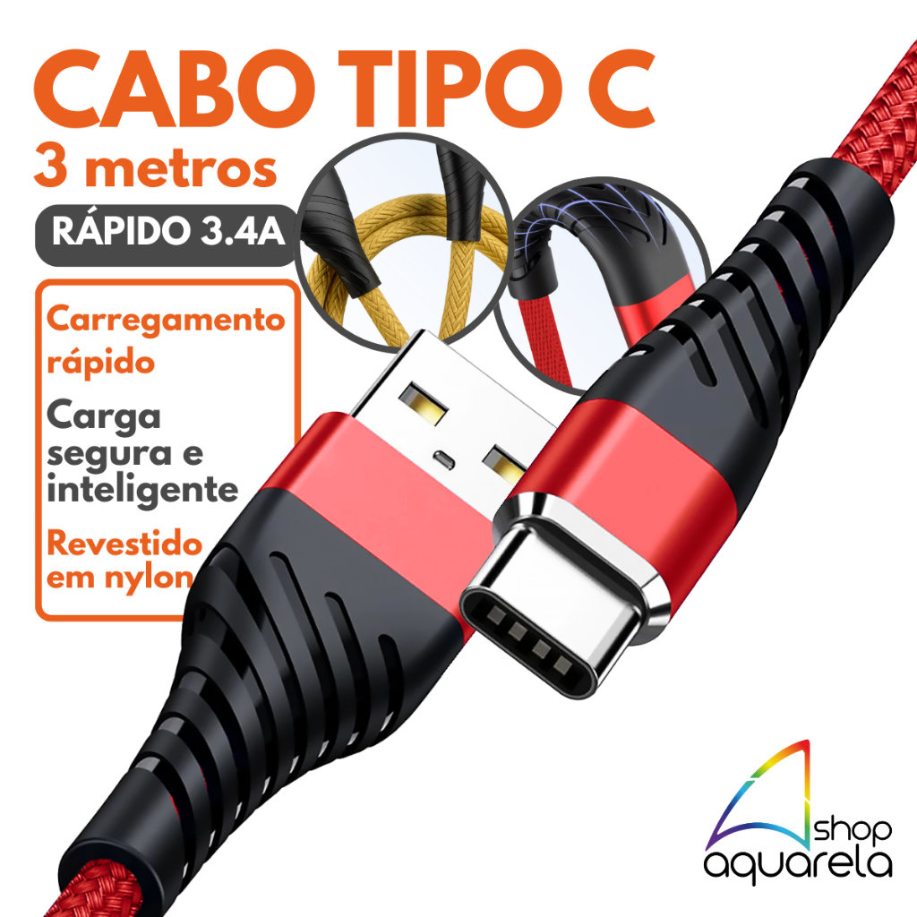 Cabo Carregador Turbo USB para Tipo C 3 Metros 3.4A Revestido em Nylon Inova em Oferta na Shopee