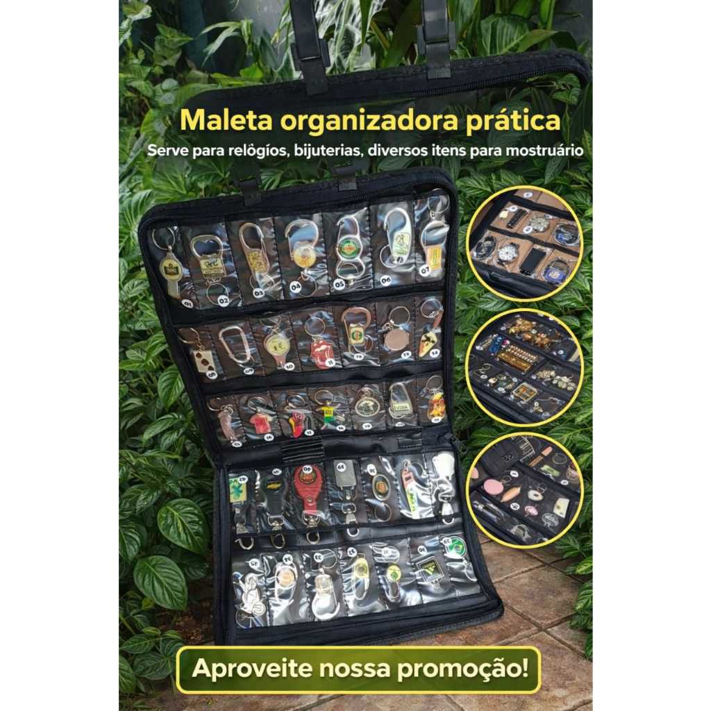 Expositor de Chaveiros, brincos, jóias, etc. Mostruário Maleta p/ 30 peças cor preta c/ zíper e alça