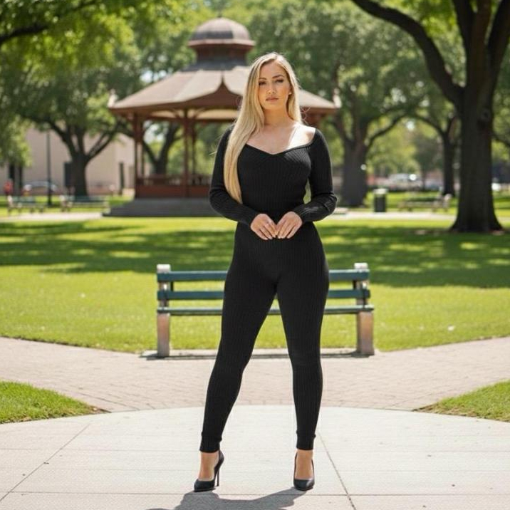 Macacão Básico Canelado de Modal Manga Longa Tricô Tricot Decote Coração