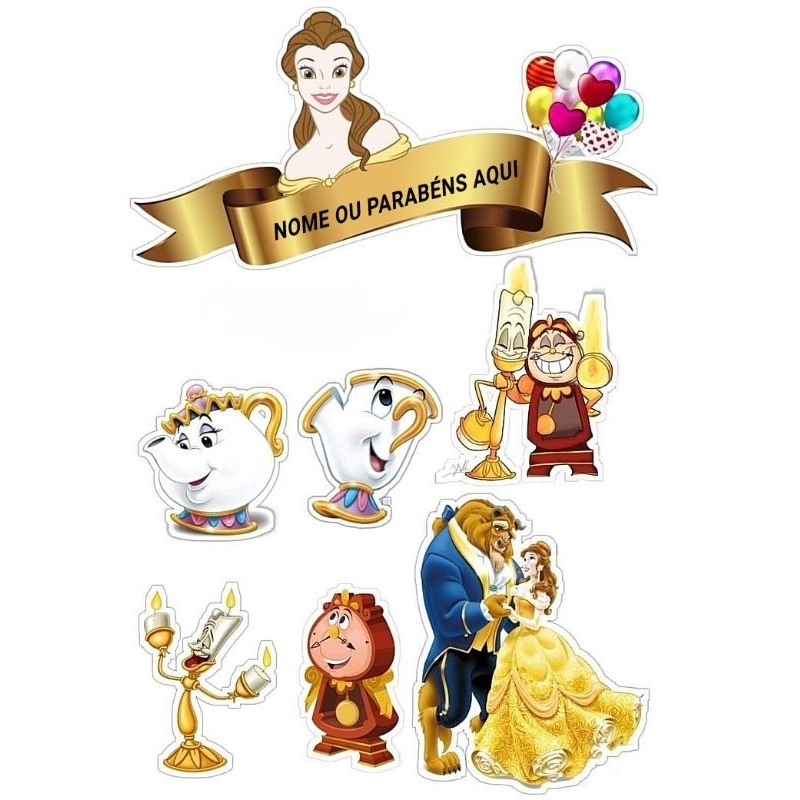 Topo de Bolo A Bela e a Fera Personalizado Luxo – Festa Princesa