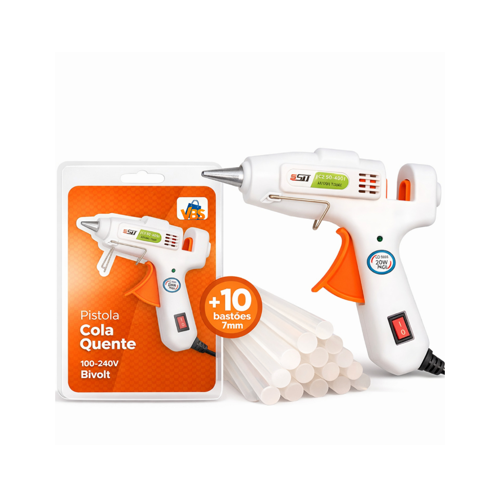 Pistola Bivolt Cola Quente + 10 Bastões Botão Liga/Desliga 20W 7mm Bico Profissional