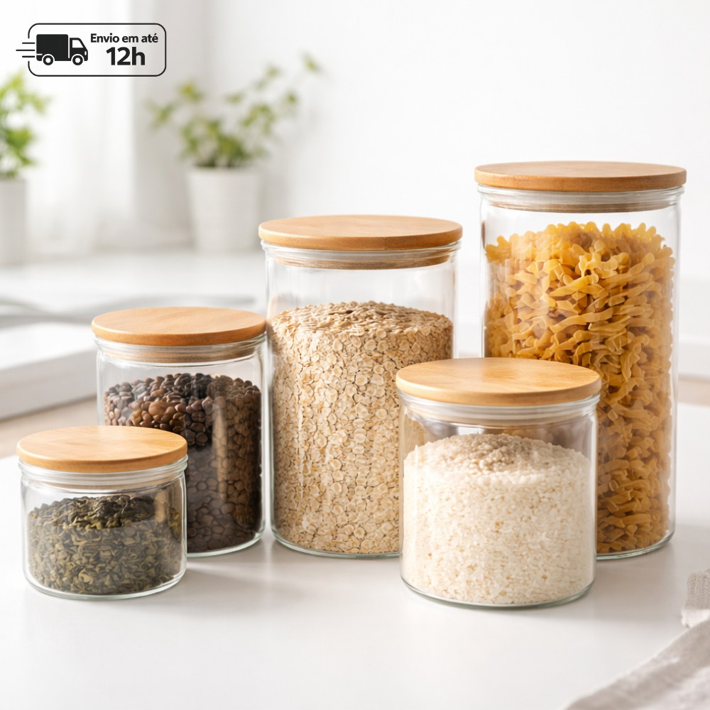 Kit Potes Vidro Redondo Tampa Bambu Hermético Porta Mantimentos Alimentos Temperos Cozinha Premium em Oferta na Shopee