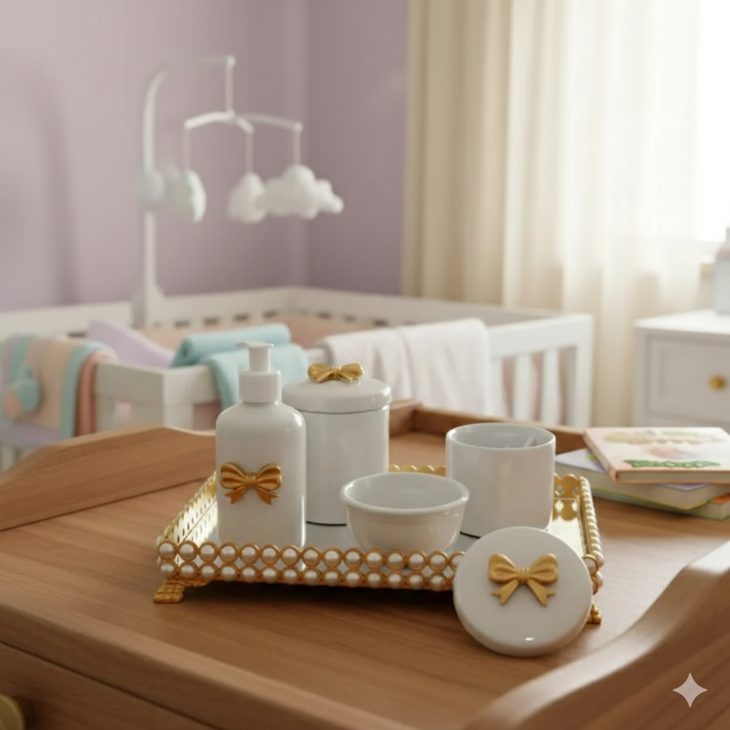 Kit Higiene Bebê K056 Porcelana Bandeja Pérola Dourado Gel Saboneteira Potes Cotonete Algodão + Vendidos Promoção