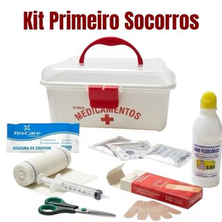 Kit Primeiros Socorros Completo com Caixa Organizadora – Curativos, Gaze, Tesoura, Soro Fisiológico e Luvas