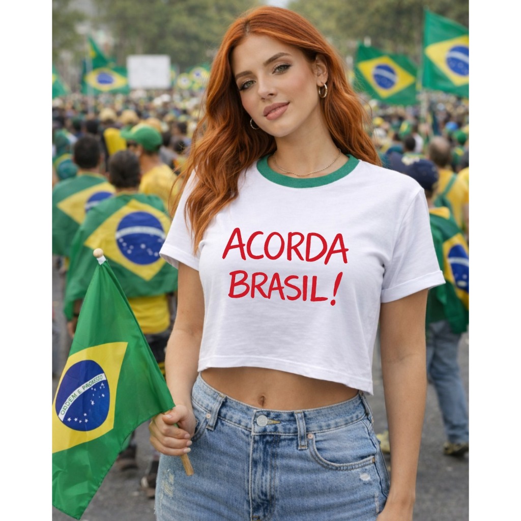 Cropped Estiloso Brasil Protesto Acorda Brasil 100% Algodão Bolsonaro Agro Envio Rápido