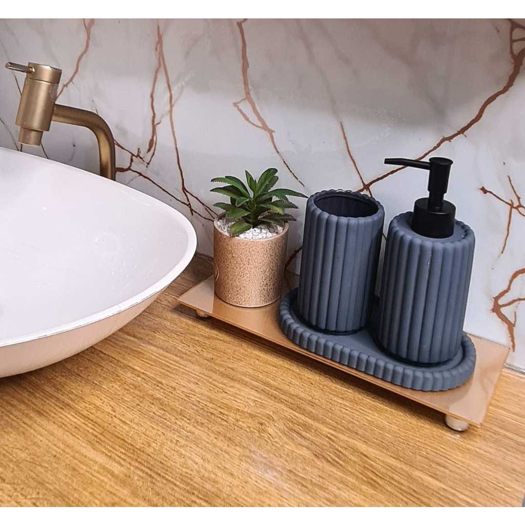 Kit Acessórios Banheiro Lavabo Saboneteira Liquida Cerâmica -Cinza