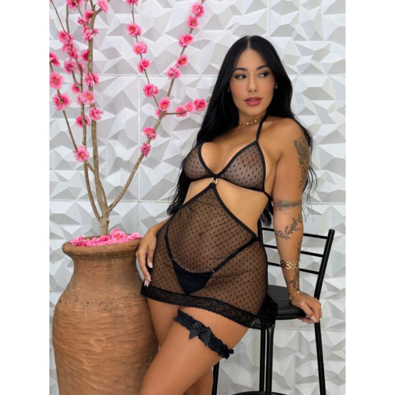 camisola lingerie feminino com perneira e calcinha fio