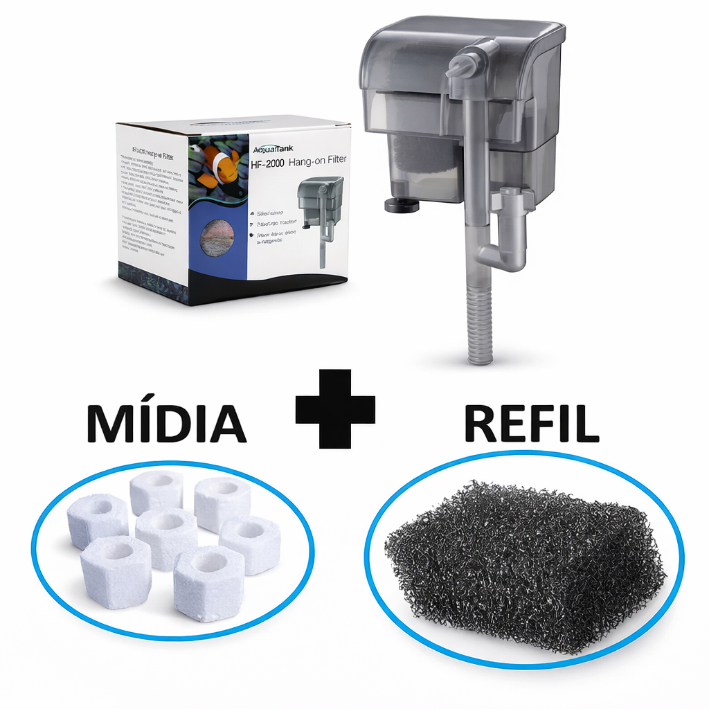 Kit Filtro externo HF-200 Hang -on aquário até 40l cascata + Refil + Midia Biologica em Oferta na Shopee