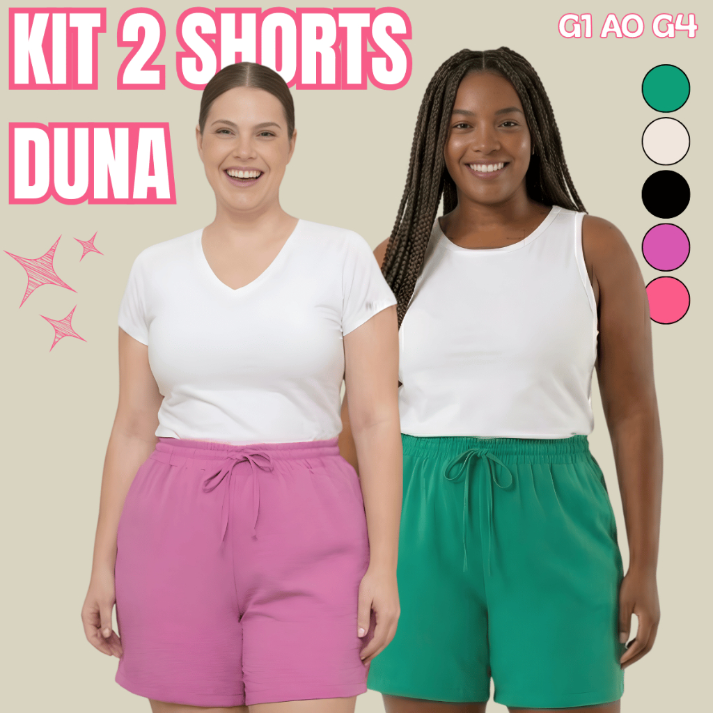 Kit 2 Shorts Feminino Bermuda Feminina Plus Size Soltinho Leve Saída Praia G1 G2 G3 G4 Cintura Verão