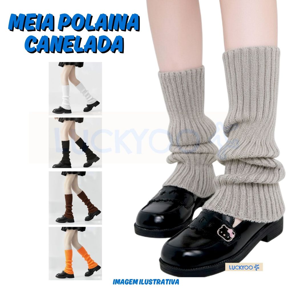 Meia Polaina Canelada 38cm Sem Pé Aeróbica Ballet Fitness Colegial Ginástica Academia Cosplay Japonesa Lolita Gringa em Oferta na Shopee