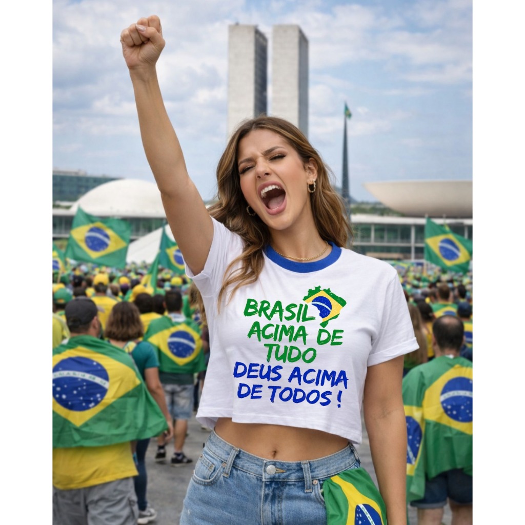 Cropped Brasil Brasil Acima De Tudo Feminino Estiloso Bolsonaro Agro Patriota 100% Algodão
