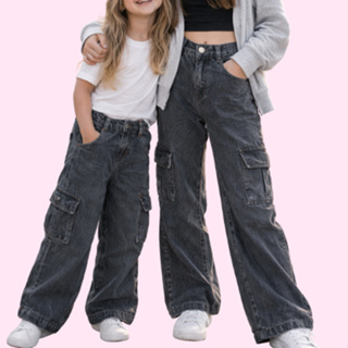 Calça Jeans Cargo Wide Leg Feminina Bolsos Laterais Calça Jeans Despojada Infantil e Juvenil em Oferta na Shopee