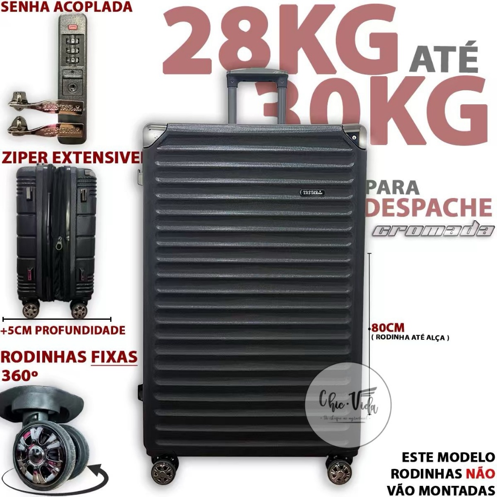 Mala De Viagem 23 Kilos 80CM Despacho Com Cadeado Mala Viagem 23KG Expandível Roda 360 Dupla