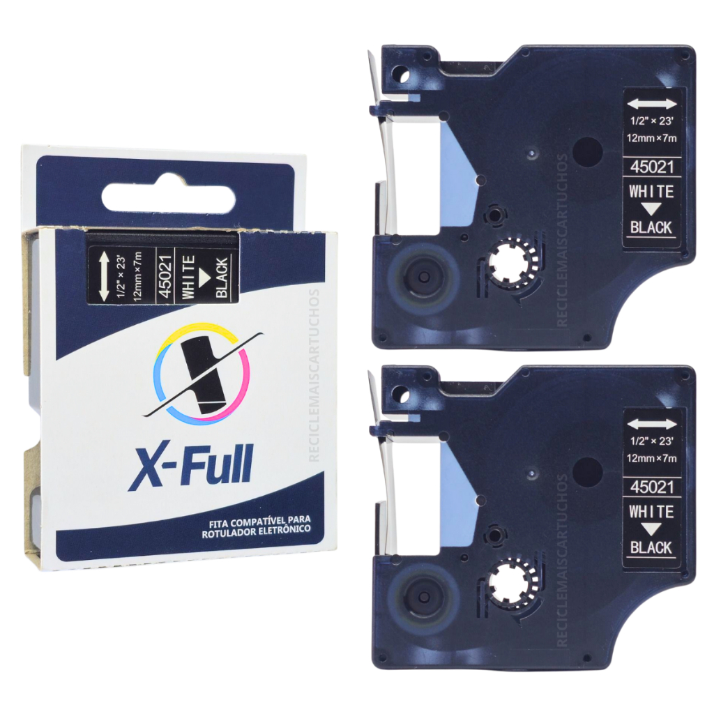 2 Fita 45021 12mm 7m Branco Com Impressão Preto Compatível Para Rotulador Eletrônico 3M PL100 PL150 PL200 PL300 X-full