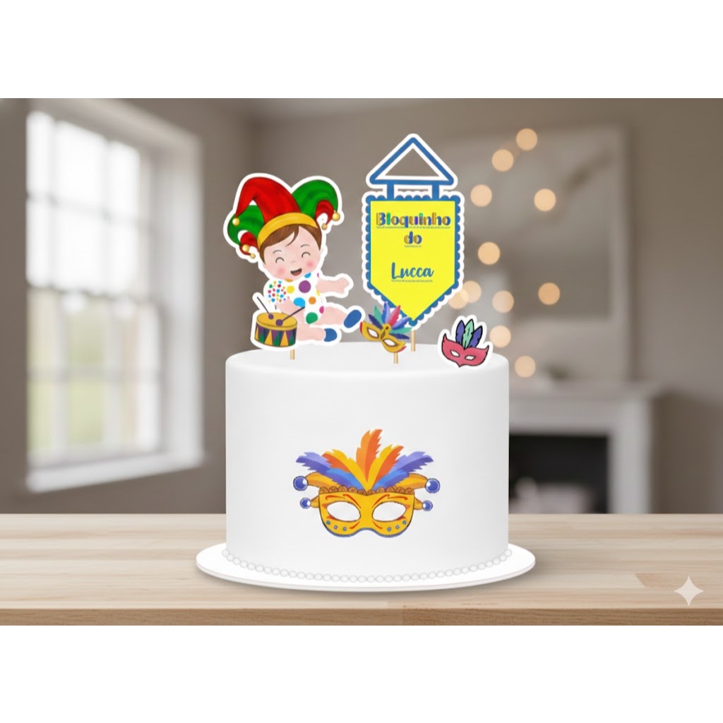 Topo de Bolo Carnaval - Bloquinho Personalizado - topper bolo decoração carnaval - primeiro carnaval