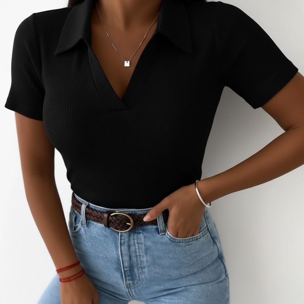 Blusa Camiseta Polo Feminina Manga curta de Ribana Algodão Premium Casual Elegante Blusinha