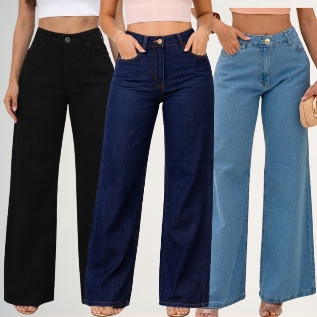 Kit 3 Calças Jeans Femininas Wide Leg Cintura Alta 100% Algodão Pantalona