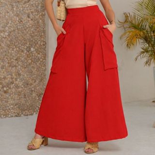 Calça Cargo Pantalona Feminina Alfaiataria Com Bolsos Cintura Alta Envio Imediato em Oferta na Shopee