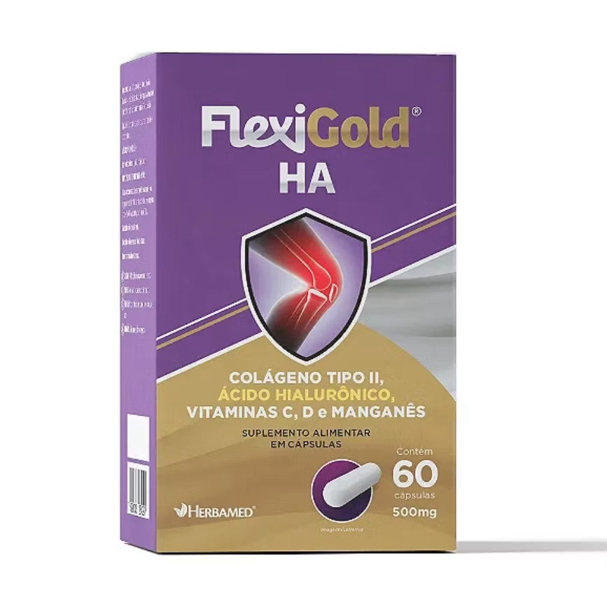 FLEXIGOLD HA - Colágeno tipo II + Ácido hialurônico + Vitaminas C, D + Manganês - Com 60 cápsulas