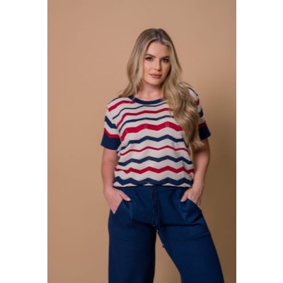 Blusa Feminina Manga Curta Zilda Tricot Listras 3 Cores Gola Redonda Primavera Outono Salzani 2026
