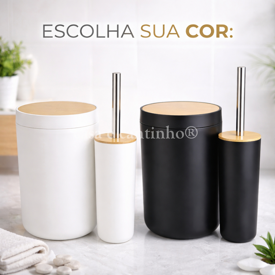 Kit Banheiro 2 Peças Lixeira e Escova Sanitária com Tampa de Bambu Design Moderno em Oferta na Shopee