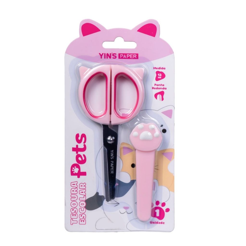 Tesoura Escolar Infantil Pets Gatinho 13cm Sem Ponta Com Capa Rosa e Preto em Oferta na Shopee