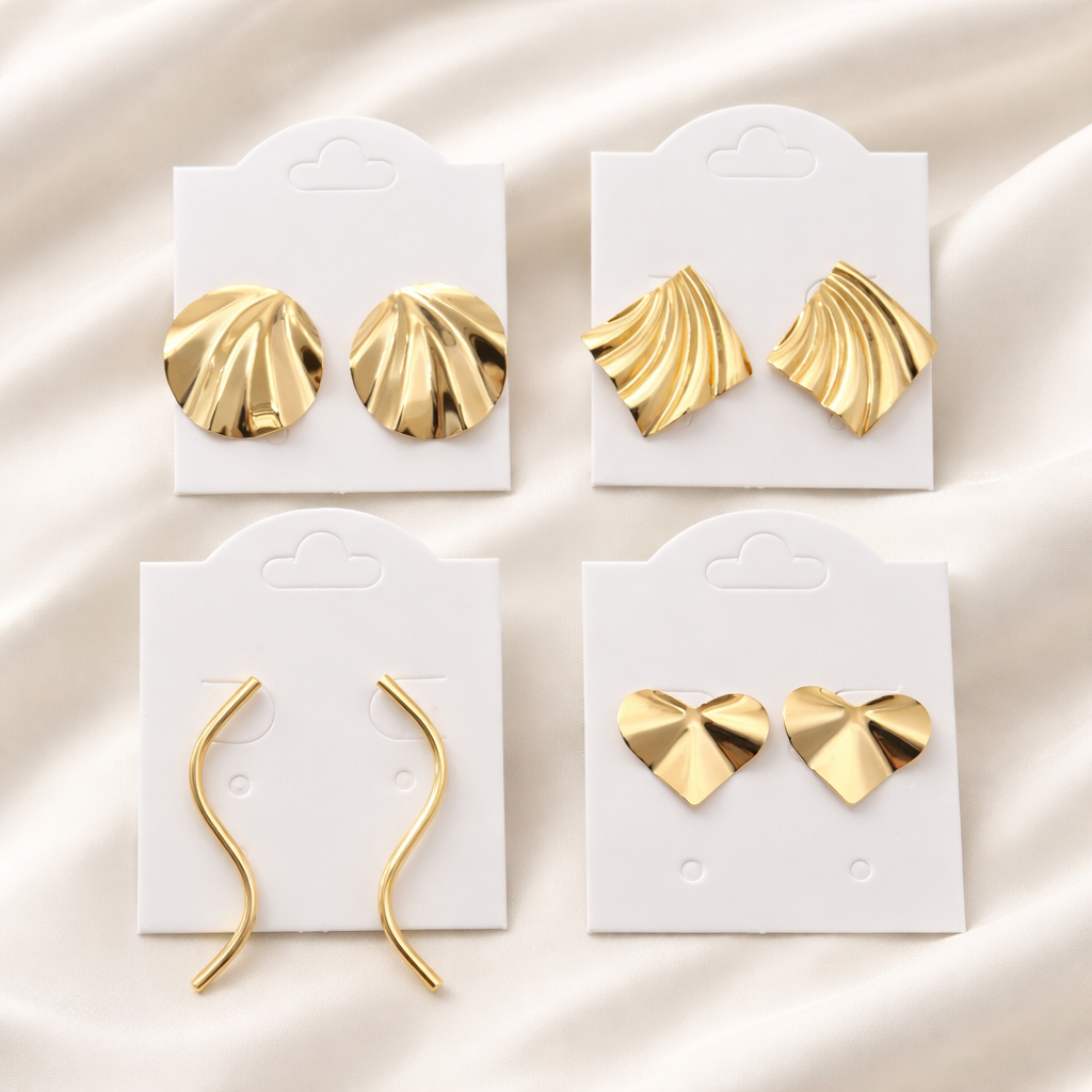 Kit 4 Brincos Feminino Texturizado Geométrico Coração Fio Design Moderno Garantia Banhado Ouro 18K