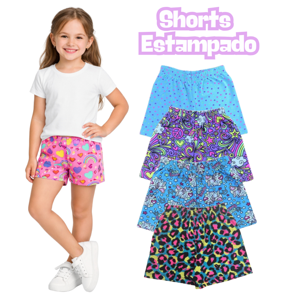 Shorts Cotton Algodão Estampada Sortido Infantil Juvenil Menina Estampas Tamanho 2 ao 12
