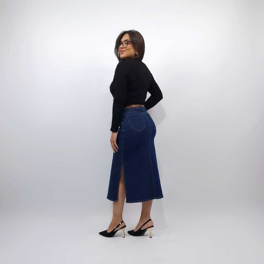 Saia Feminina Jeans Cintura Alta Midi Modesta Moda Evangélica Premium fenda lateral em Oferta na Shopee