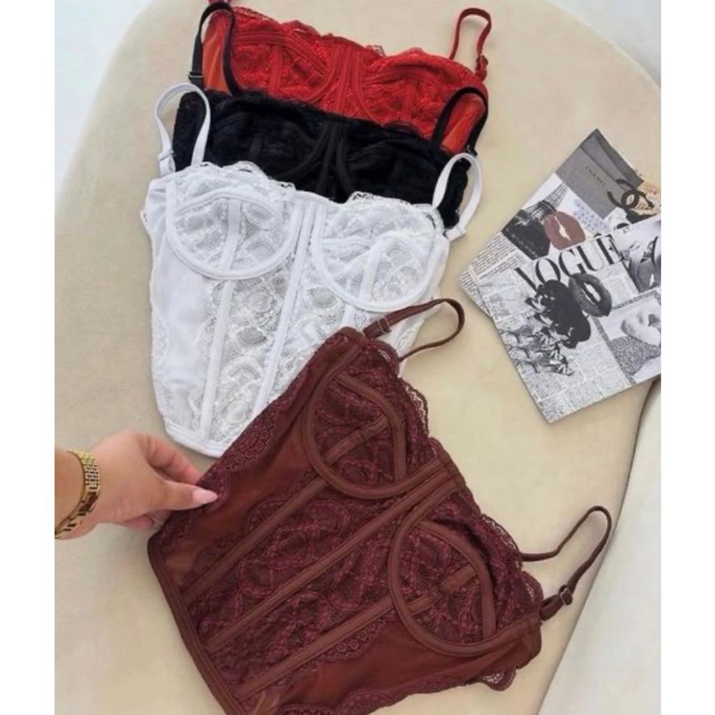 Cropped Feminino Corset Renda Corselet Alça Regulagem