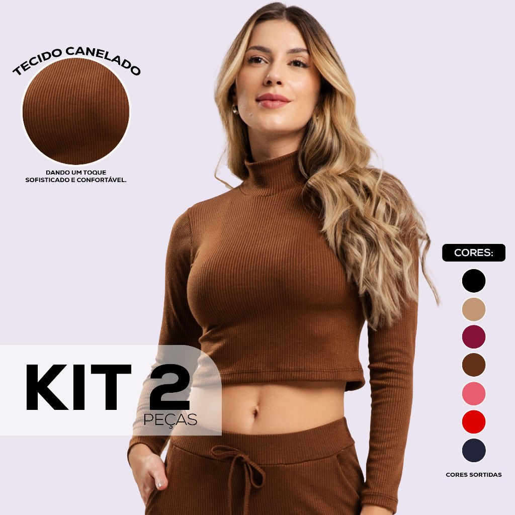 Kit 2 Blusas Cropped Canelada Feminina Gola Alta e Manga Longa Inverno Blusinha Cropet Dyeu Modas
