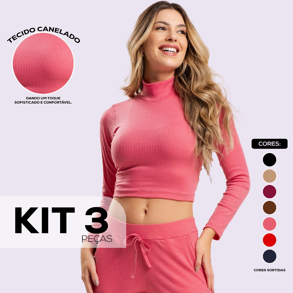 Kit 3 Blusas Cropped Canelada Feminina Gola Alta e Manga Longa Inverno Blusinha Cropet Dyeu Modas