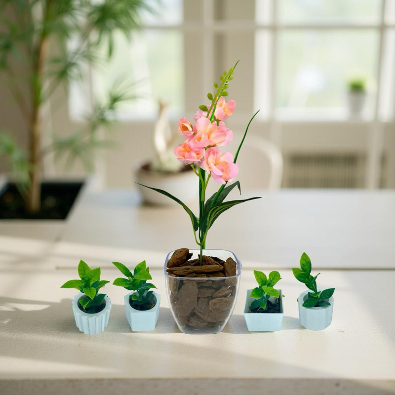 Combo Decorativo 1 Kit Acrílico + 4 Vasinhos com Folhagem Artificial