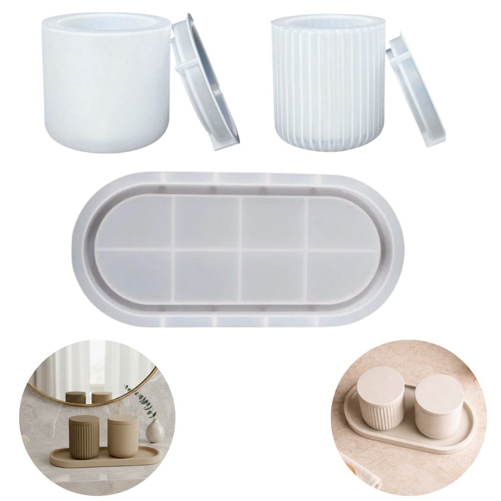 Kit 3 Formas de Silicone para Artesanato – Bandeja Oval Grande + Pote Liso e Riscado Gesso e Resina