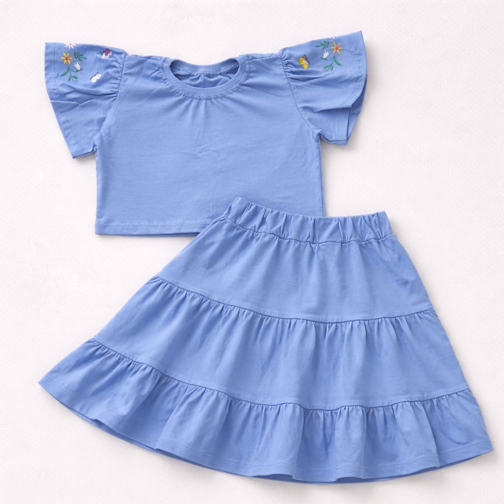 Conjunto Infantil Menina Cropped + Saia Algodão - Bordado na Manga - Confortável e Soltinho em Oferta na Shopee