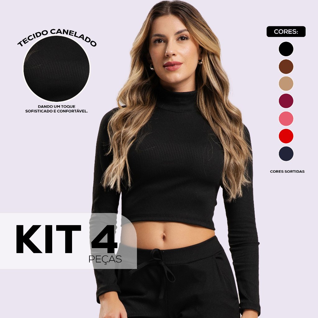 Kit 4 Blusas Cropped Canelada Feminina Gola Alta e Manga Longa Inverno Blusinha Cropet Dyeu Modas