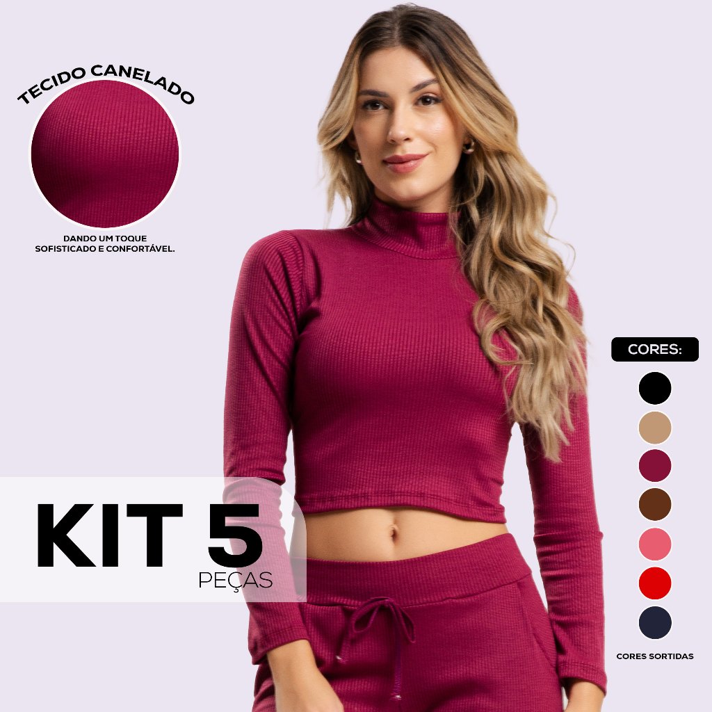 Kit 5 Blusas Cropped Canelada Feminina Gola Alta e Manga Longa Inverno Blusinha Cropet Dyeu Modas