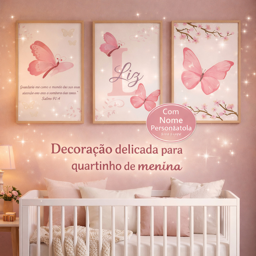 Kit 3 Quadro decorativo menina borboletas para quarto infantil — com ou sem moldura em Oferta na Shopee