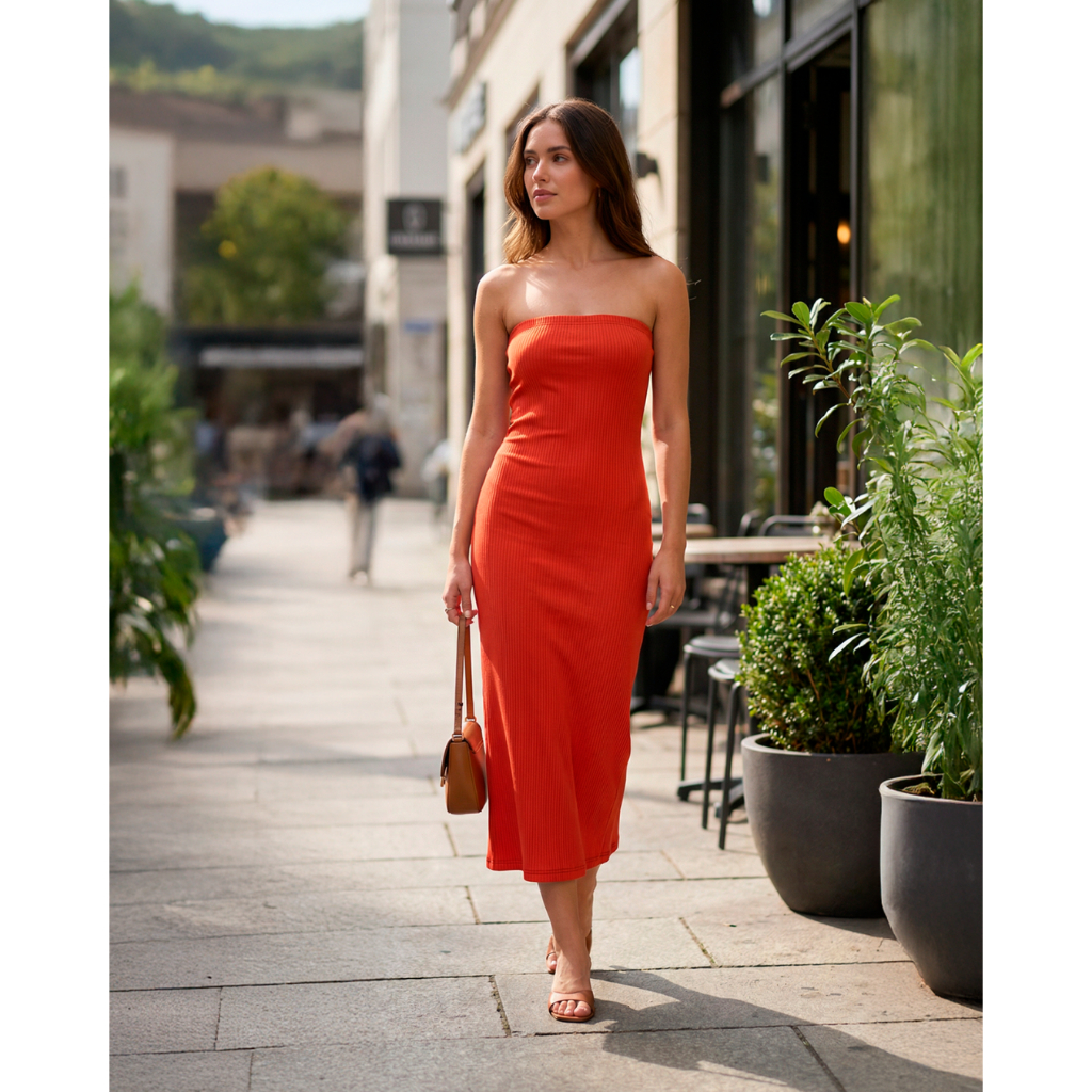 Vestido Midi Tomara que Caia Canelado - Elegância e Conforto em um Único Vestido! TECIDO ANARRUGA!