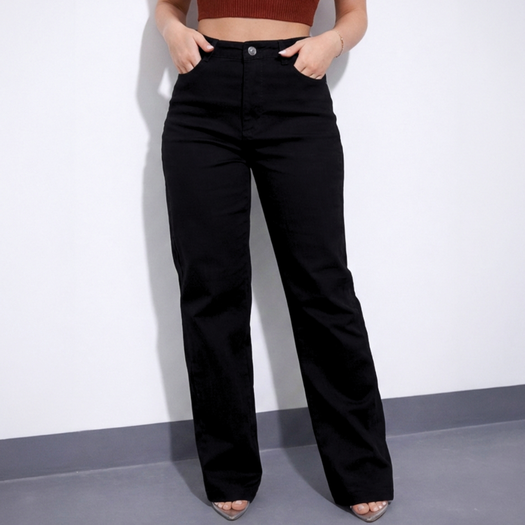 Calça Jeans Feminina Wide Leg Cintura Alta Preta Boca Larga 100% Algodão Tecido Premium em Oferta na Shopee